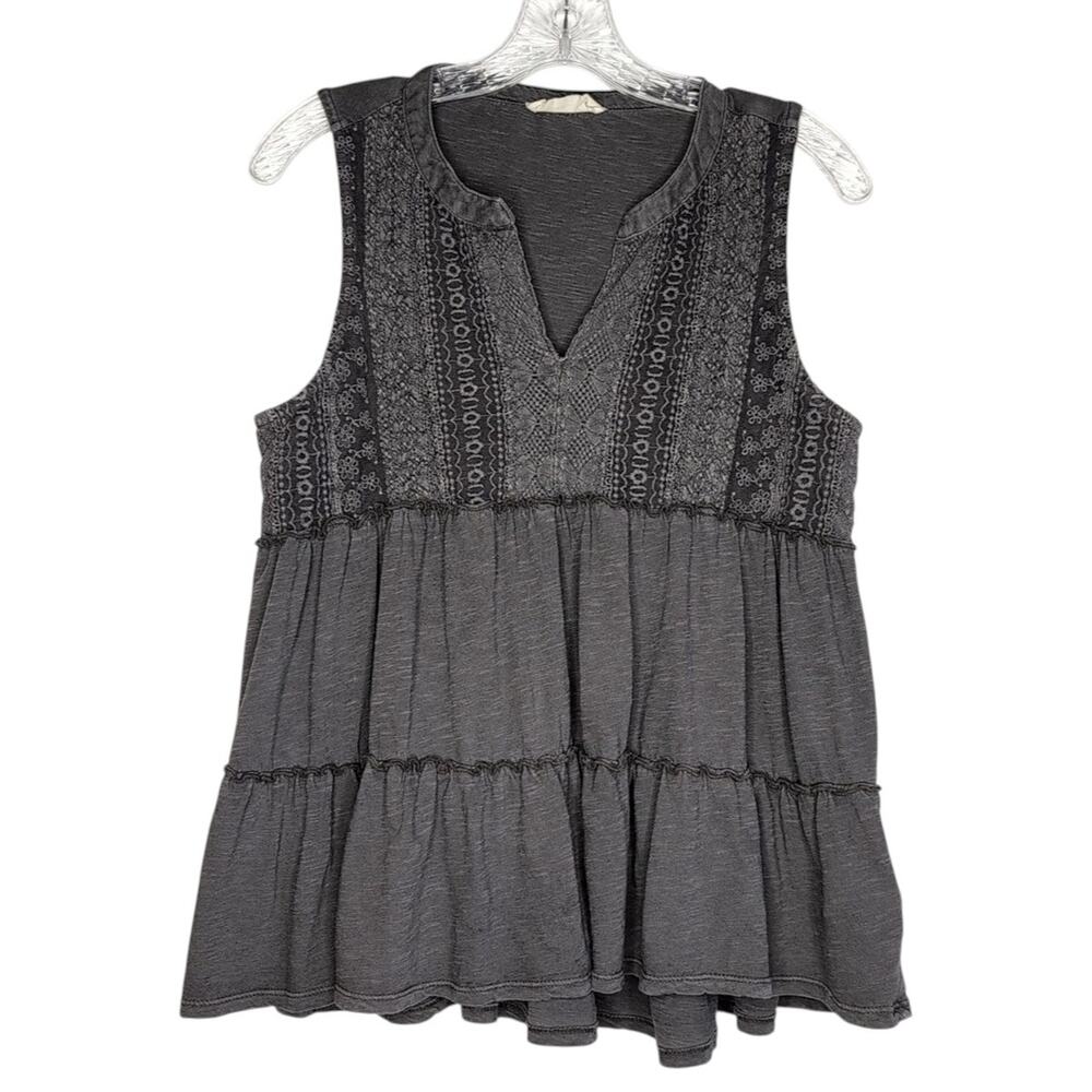Lucky Brand Gray Tiered Cotton Tunic Tank Top with Lace Detailing, size Small